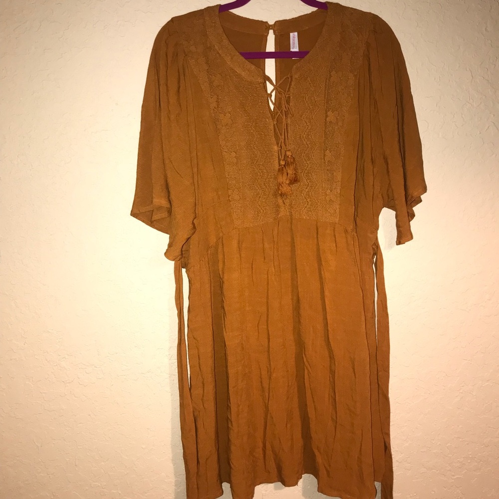 Boho dark mustard dress with tie - Picture 5 of 6